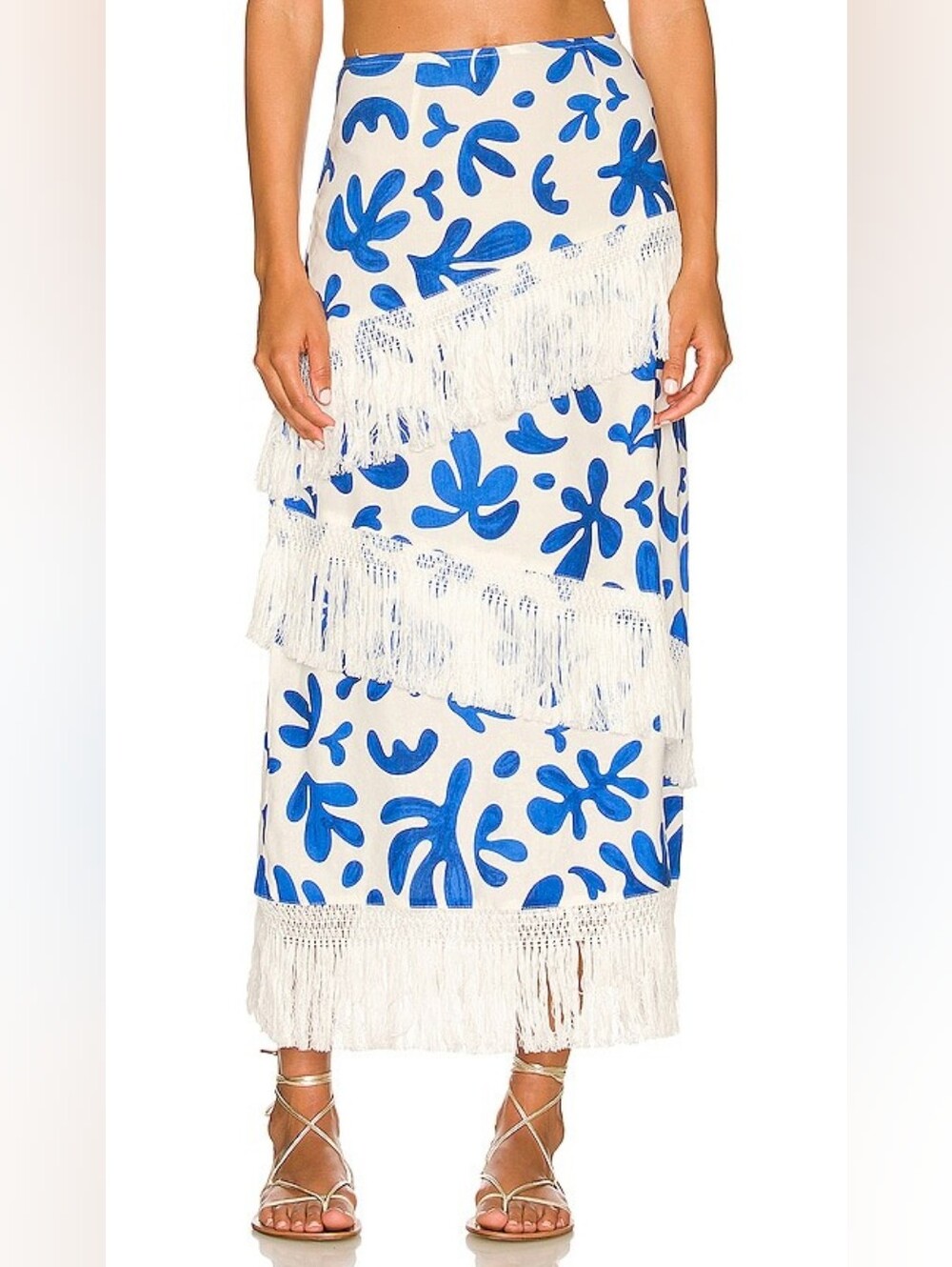 WEWOREWHAT Linen Fringe Skirt in Off White Multi